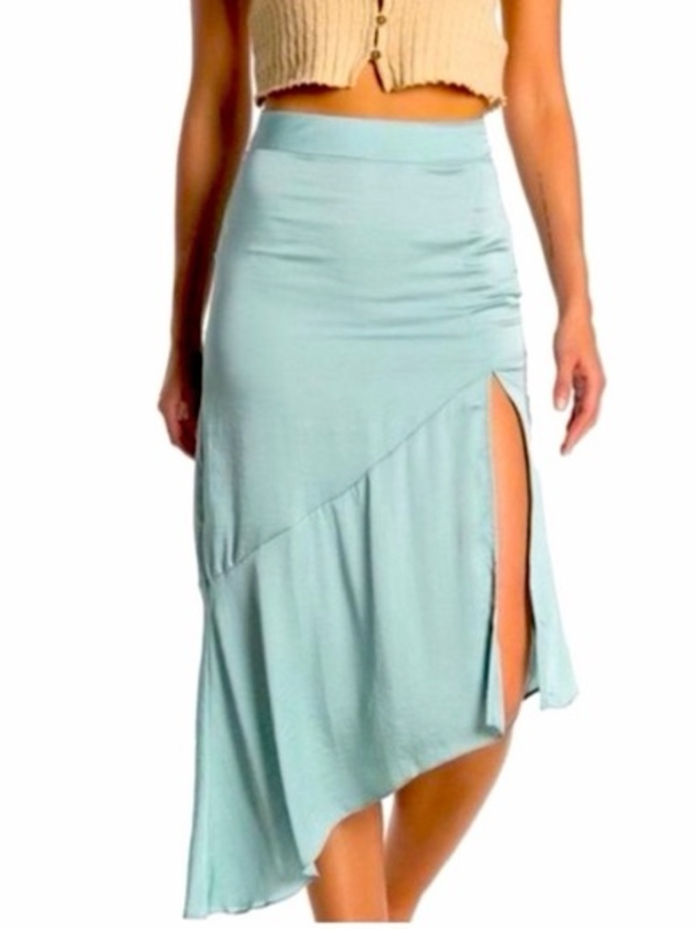 Free People Pastel Blue Asymmetrical Midi Skirt with Side Slit
